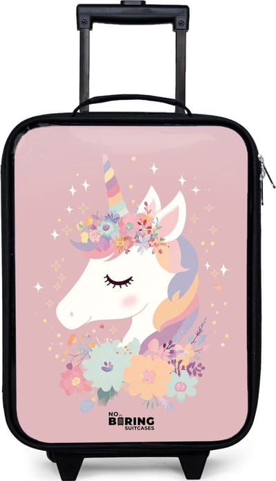 NoBoringSuitcases.com® - Kinderkoffer jongen - Kindertrolley meisje - Eenhoorn - Roze - Bloemen - Koffer kind lichtgewicht - Reiskoffer trolley voor kinderen - Koffertje met lichtgevende wieltjes - Rolkoffer zwart
