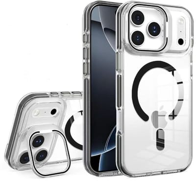 Blijvend Transparante MagSafe Telefoonhoes – Shockproof Back Cover met Camera Bescherming & Ingebouwde Standfunctie – Geschikt voor iPhone 17 Pro