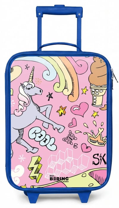 NoBoringSuitcases.com® - Kinderkoffer blauw - Kindertrolley jongen - Unicorn doodles - Koffer kind lichtgewicht - Reiskoffer trolley voor kinderen - Koffertje met lichtgevende wieltjes - Rolkoffer