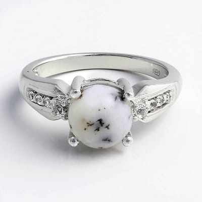 Cavill - Dendrieten Agaat 1.36 ct en Witte Topaas 1.543 ct - 925 Sterling Zilver - Ronde Cabochon 8mm - Elegante Damesring