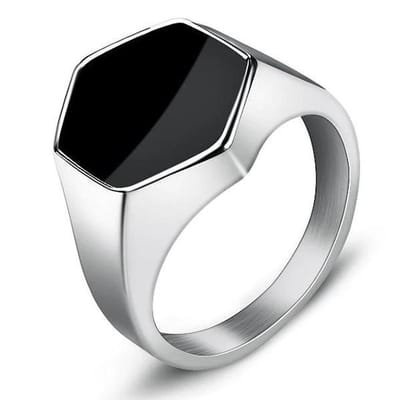 Zegelring Heren Zilver Kleurig met Zwarte Steen - Zeshoekig - Staal - Ring Ringen - Papa Cadeau Voor Mannen - Vaderdag