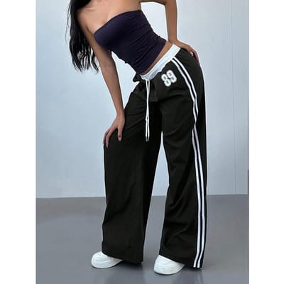 Nieuwe Gedrukte Gestreepte Casual Broek Dames Contrasterende Kleuren Losse Vetersluiting Veelzijdige Lange Broek L gray