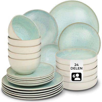 tectake® Serviesset Mare - 24-delig - Aardewerk met Glanzend Glazuur - 6 Persoons - Handgemaakt Servies - Moderne Bordenset met Grote en Kleine Borden, Kommen, Schaaltjes - Vaatwasser- en Magnetronbestendig - Munt