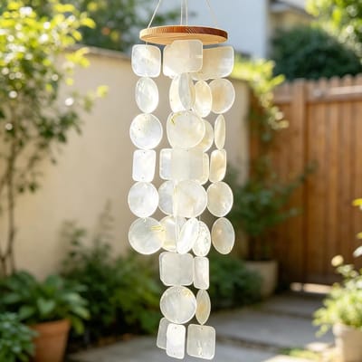 windgong van echte Capiz schelpen, 45 cm, boho hangdecoratie met hout, ontspannend geluid, zomer, stranddecoratie voor balkon, tuin, terras, wit