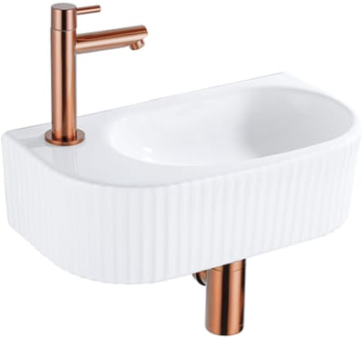 QeramiQ Fuente fonteinset – halfrond – 40x21.5x12 cm – keramiek wit glans – kraangat links – geribbeld