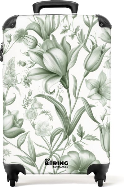 NoBoringSuitcases.com® - Handbagage koffer lichtgewicht - Reiskoffer trolley - Wit met groene bloemen - Rolkoffer met wieltjes - Past binnen 55x40x20 en 55x35x25