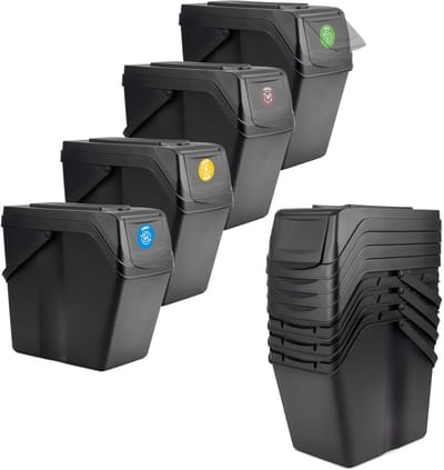 KADAX Afvalemmerset voor afvalscheiding van plastic, afvalcontainer met dicht deksel, afvalsorteerder, vuilnisemmer met beweegbare handgrepen (zwart, 4 x 25 l)