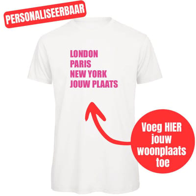 T-shirt wit | fluor roze - S - London, Paris, New York, jouw woonplaats - soBAD. - Regular fit