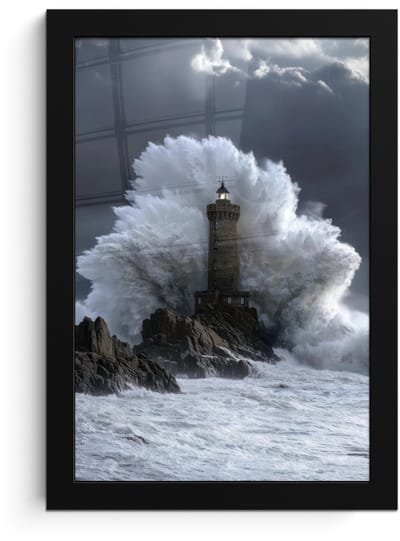 Poster in lijst - Fotolijst 20x30 cm - Posters - Golf - Vuurtoren - Schuimend water - Posterlijst zwart - Decoratie - Wanddecoratie woonkamer - Muurdecoratie slaapkamer