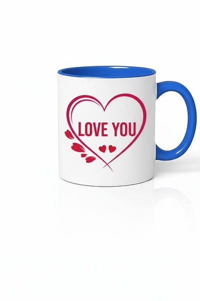LOVE YOU Mok met Rood Hart & Blauwe Rand | Romantische Keramische Beker | Cadeau voor Liefde