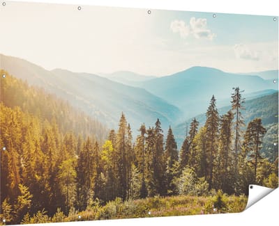 Gards Tuinposter Bos met Bomen in de Hoge Bergen - 180x120 cm - Tuindoek - Tuindecoratie - Wanddecoratie buiten - Tuinschilderij