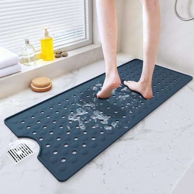 Antislip Badmat 90x40cm voor Badkamer en Badkuip, Wasmachinebestendig, Met Grote Afvoeropeningen voor Schoonheid en Veiligheid, Diepblauw