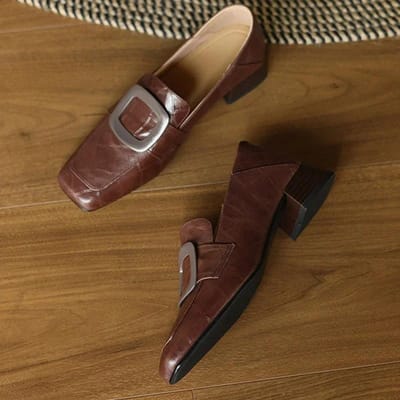 Robuuste Dames Leren Schoenen Vierkante Neus Jurk Kantoor Loafers Schoenen Dames Trend Designer Nieuw Elegante Hakken Schoenen Vrouwelijke Pumps 34 black