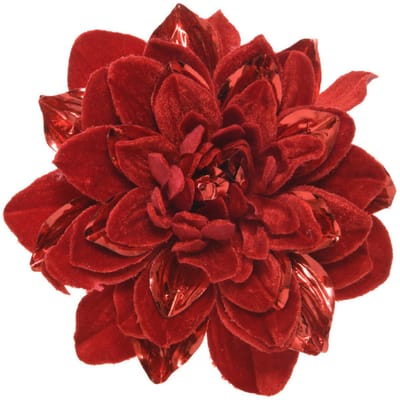 Decoris Kerstboom bloem - op clip - rood - 16 cm - kunststof - kerstversiering - rode decoratie bloemen