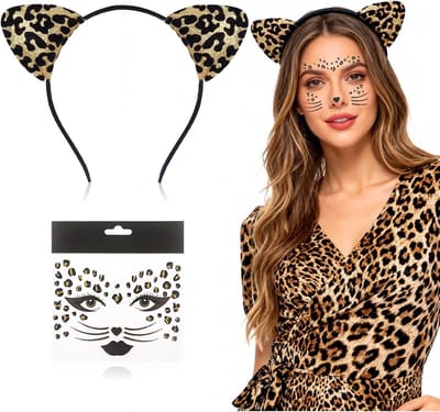 Leopard Kostuum voor Vrouwen met Gezichtstatoeage en Hoofdband - Carnaval Make-up Set voor Katten en Tijgers, Perfect voor Cosplay en Feestjes