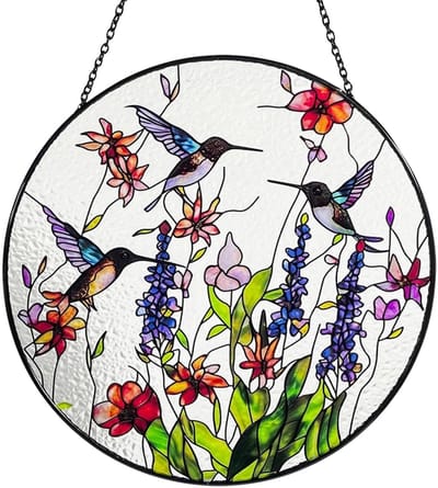 Dailygoods- Zonvanger 20 cm - Kleurrijk Acryl Paneel - Lichtvanger voor Binnen/Buiten - Woondecoratie voor Vogelliefhebbers - Inclusief Hangketting - Handgemaakt met Kolibries en Bloemen