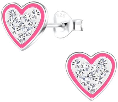 Joy|S - Zilveren hartje oorbellen - 8 mm - roze zilver met kristal - kinderoorbellen