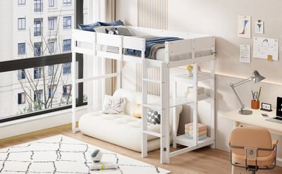 Wishdor Hoogslaper 90x200 cm - Inclusief Opbergrek - Ruimtebesparend - Veilig & Stabiel - Massief Grenenhout - Wit