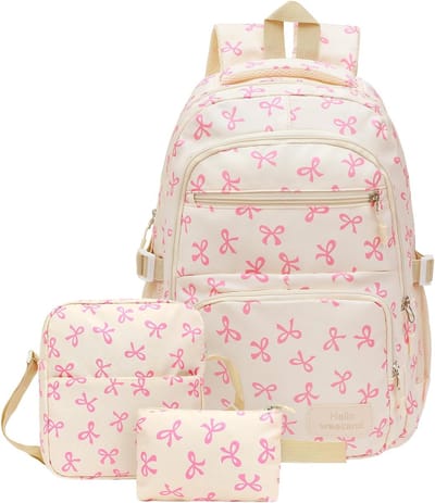 Rugzak - Rugzak Dames - Strik Rugzak - Dames Rugzak 3-delige Set - Grote Capaciteit Schoolrugzak - Schoudertas & Crossbody Tas - Nylon Rugzak - Ademend Rugzak - Studie & Werk - Roze