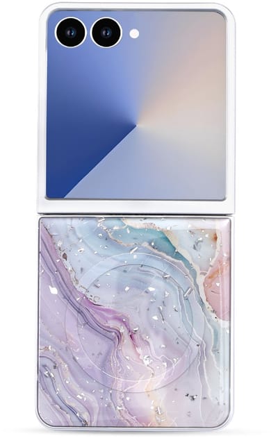 Casemania Hoesje Geschikt voor Samsung Galaxy Z Flip 7 - Licht Blauw - Marmer Glitter Back Cover Geschikt voor MagSafe - Magnetisch Telefoonhoesje Bescherming Case