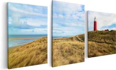 Artaza Canvas Schilderij Drieluik Vuurtoren met Duinen in Texel - 120x60 - Foto Op Canvas - Canvas Print