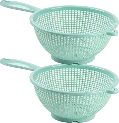 Plasticforte Keuken vergiet/zeef met handvat - 2x - kunststof - Dia 22 cm x Hoogte 10 cm - mintgroen
