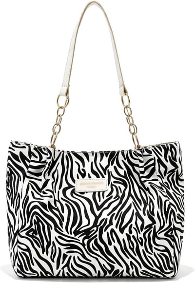 Modieuze dames tote bag van canvas met zebraprint, handige boodschappentas met ritssluiting en metalen ketting voor dagelijks gebruik, werk en school