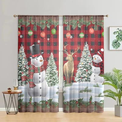 2 stuks, Kerst sneeuwpop boom eland gordijnen -30% verduisterend - geschikt voor woonkamer, slaapkamer, keuken, huisdecoratie W150CM H166CM&Rod pocket brown