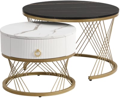 Elegante modulaire salontafel: marmerlook, gouden decor, bijzettafel met lades – set van 2