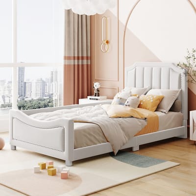 STILVORA Kinderbed 90x200 Cm – Gestoffeerd Bed Met Rugleuning En Armleuningen – Te Gebruiken Als Slaapbank – Zonder Matras – Flanell – Beige