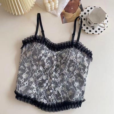Sexy Tank Tops Kant Bloemenprint Crop Tops Vrouwen Zomer Hemdje Mode Parel Decor Tube Top Vrouwelijke Mouwloos Vest zwart