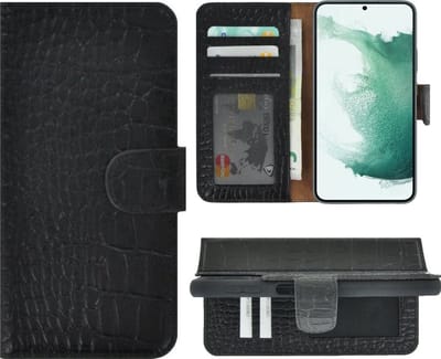 Hoesje Echt Leer Geschikt voor Samsung Galaxy S23 FE - Bookcase Hoesje - Samsung S23 FE Wallet Book Case Echt Leer Croco Zwart Cover