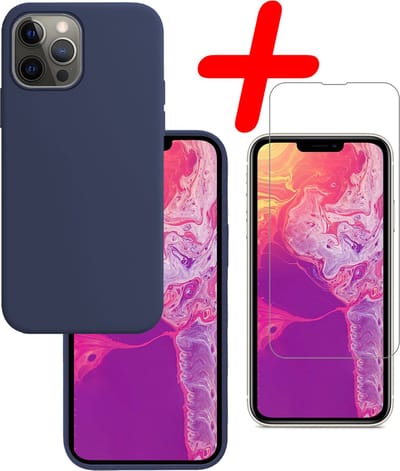 Hoesje Met Screenprotector - Geschikt voor Apple iPhone 14 Pro - Sterk & Shockproof - Back Cover - Siliconen Case - Telefoon Hoes - Donkerblauw