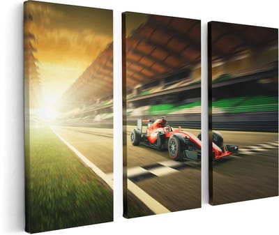 Artaza Canvas Schilderij Drieluik Formule 1 Auto bij de Finish in het Rood - 120x80 - Foto Op Canvas - Canvas Print