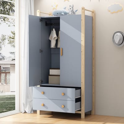 REDOM Kledingkast - Met Kledingroede en 2 Lades - Modern - Voor Slaapkamer of Hal - MDF en Hout - Blauw en Naturel - 89,6 × 44 × 180,5 cm