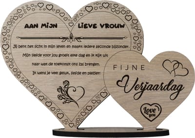 Hartjes echtgenote - houten wenskaart verjaardag - kaart van hout -  verjaardagskaart - gefeliciteerd vrouw - 17.5 x 25 cm