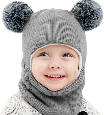 3-in-1 Wintermuts en Sjaal voor Baby's, Warmte en Oorbescherming, Gebreide Balaclava met Dubbele Pompom voor Jongens en Meisjes, Grijs