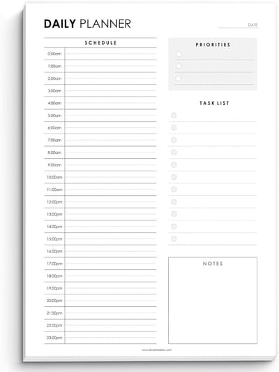 Dagelijkse Planner - Productiviteitsnotitieboek - Tijd Beheer - 24 Uur Indeling - A4 Formaat - Monochroom