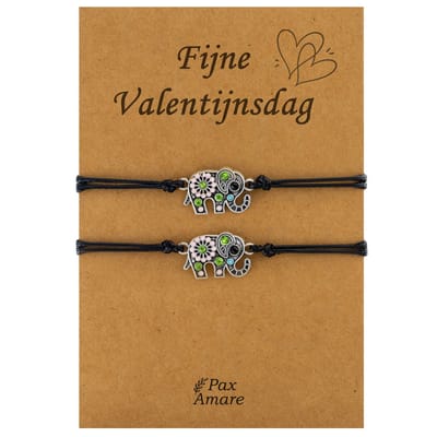 Koppel Armbandjes voor 2 "Fijne Valentijnsdag" - Olifant - BFF Armbandjes met Cadeau Kaartje - Zwart & Zilverkleurig - Elastisch Verstelbaar - Pax Amare