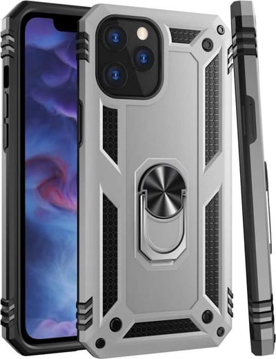 HB Hoesje Geschikt voor Apple iPhone 12 / 12 Pro - Grijs - Anti-Shock Hybrid Armor Back Cover - Hoes met Kickstand Ring