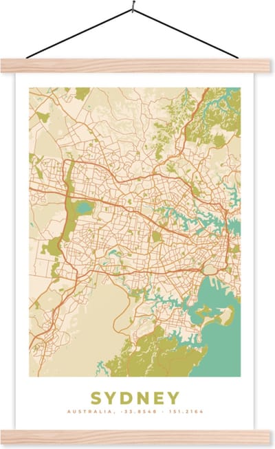 Posterhanger incl. Poster 40x60 cm - Schoolplaat - Sydney - Kaart - Vintage - Plattegrond - Stadskaart - Textielposter - Blanke latten - Stadskaart