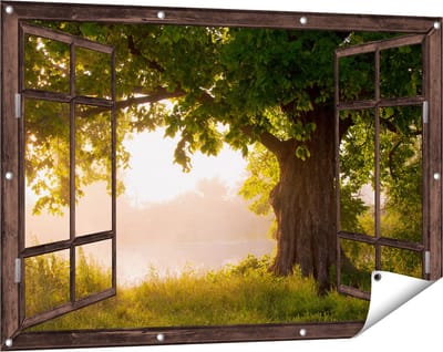 Gards Tuinposter Doorkijk Eikenboom aan het Water met Volle Bladeren - 120x80 cm - Tuindoek - Tuindecoratie - Wanddecoratie buiten - Tuinschilderij