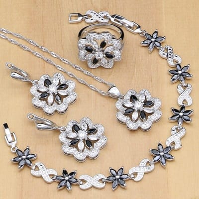 Fleurs Argent 925 Bijoux Blanc& Noir Zircone Cubique Ensembles de Bijoux Pour Femmes Boucles d'Oreilles de Fête/Pendentif/Collier/Bagues/Bracelet 9 white