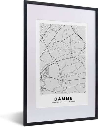 Fotolijst incl. Poster Zwart Wit- België – Damme – Stadskaart – Kaart – Zwart Wit – Plattegrond - 40x60 cm - Posterlijst