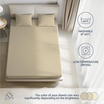 Famanu – Hoeslaken 180x200 cm, 100% premium katoenjersey, matrashoogte tot 27 cm, beige. Fijn voor thuisgebruik tijdens je oefeningen en momenten van ontspanning.