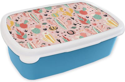 Broodtrommel Blauw - Lunchbox - Brooddoos - Planten - Patronen - Cactus - 18x12x6 cm - Kinderen - Jongen