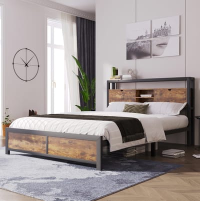 MEUNIQ metalen bedframe 140x200 cm met opbergkopbord en lattenbodem, tweepersoons bed met 26,5 cm ruimte onder het bed voor slaapkamer, naturel