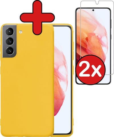 Hoesje - Met 2x Screenprotector - Geschikt voor Samsung Galaxy S21 - Sterk & Shockproof - Telefoon Hoes - Back Cover - Siliconen Case - Telefoonhoes - Geel