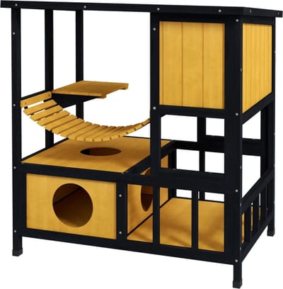 Kattenhuis - Voor buiten - Hok - Kooi - Bench - Ren - 2 verdiepingen - duurzaam - Bruin