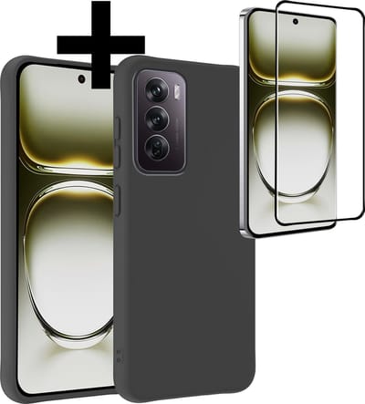 Hoesje - Met Screenprotector - Geschikt voor OPPO Reno 12 - Sterk & Shockproof - Back Cover - Siliconen Case - Telefoon Hoes - Telefoonhoesjes - Zwart